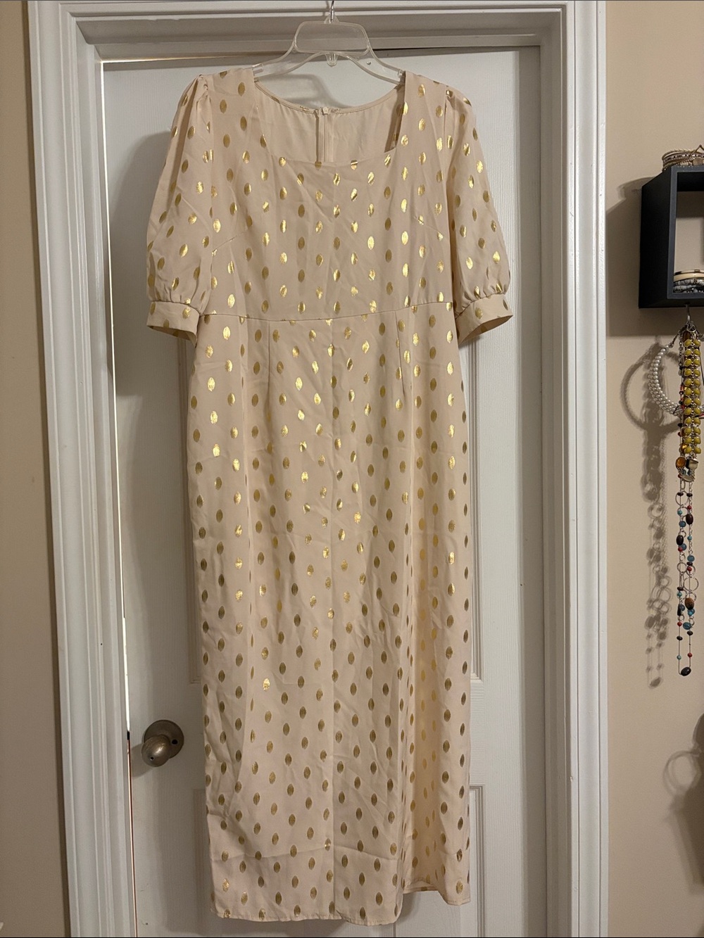SHEIN Cream Midi Dress with Gold Polka Dot Detail